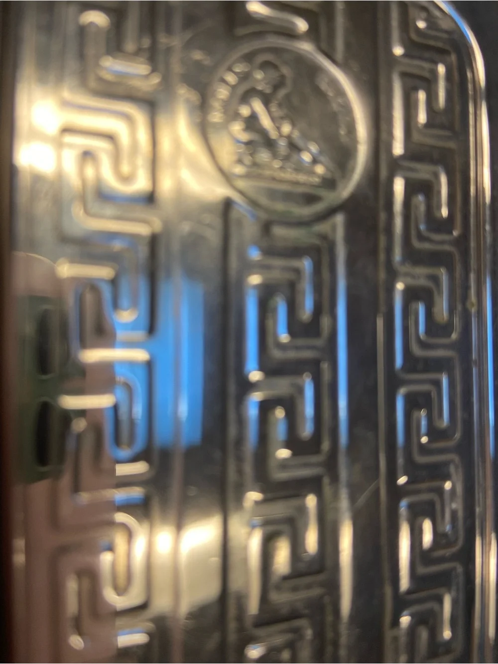 Silver Metal Rolls Razor Whetter Decorative Case with Greek Key Pattern